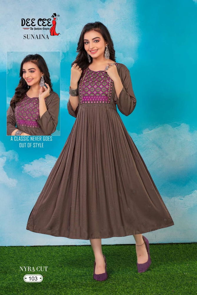 Sunaina By Deecee Rayon Naira Cut Embroidery Kurtis Catalog